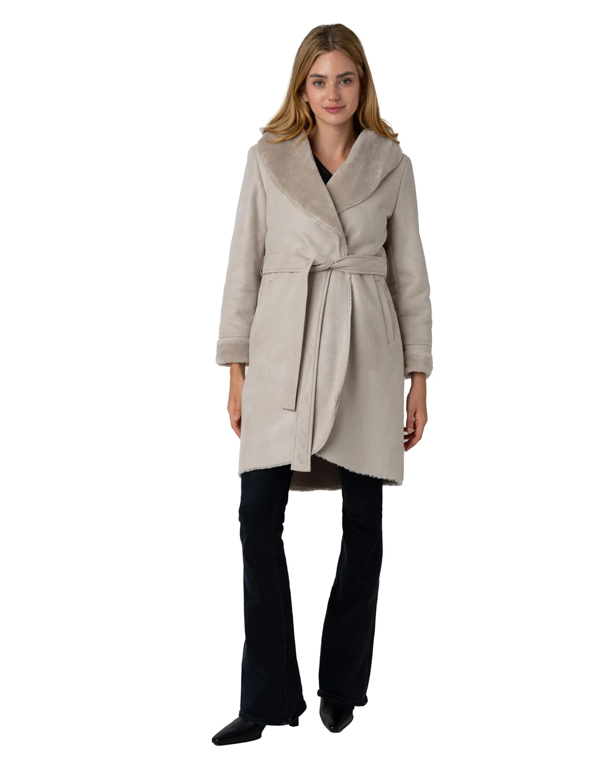 Women's BELTED SHAWL WRAP FAUX SHEARLING COAT