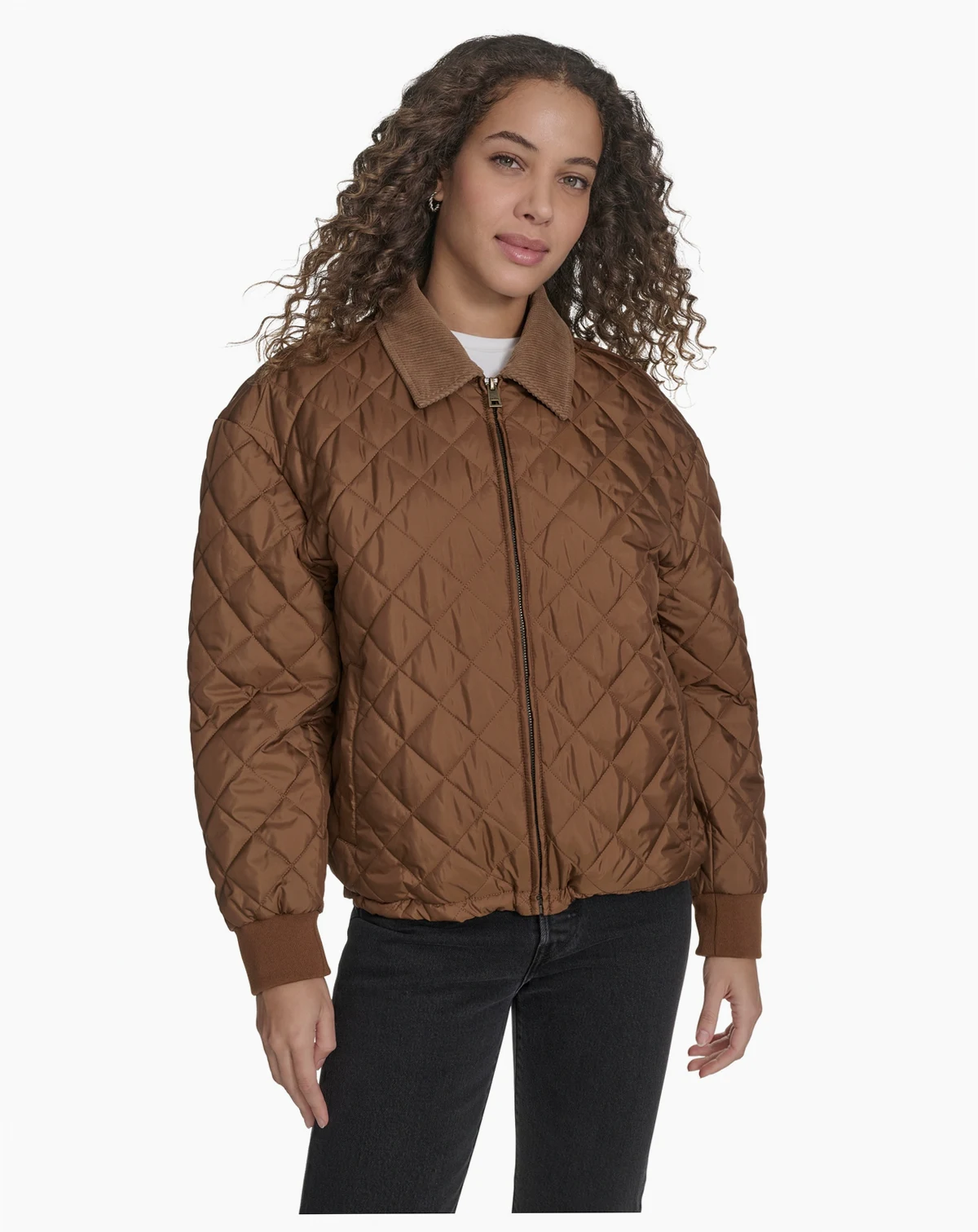 Women's Diamond Quilted Bomber with Corduroy Collar