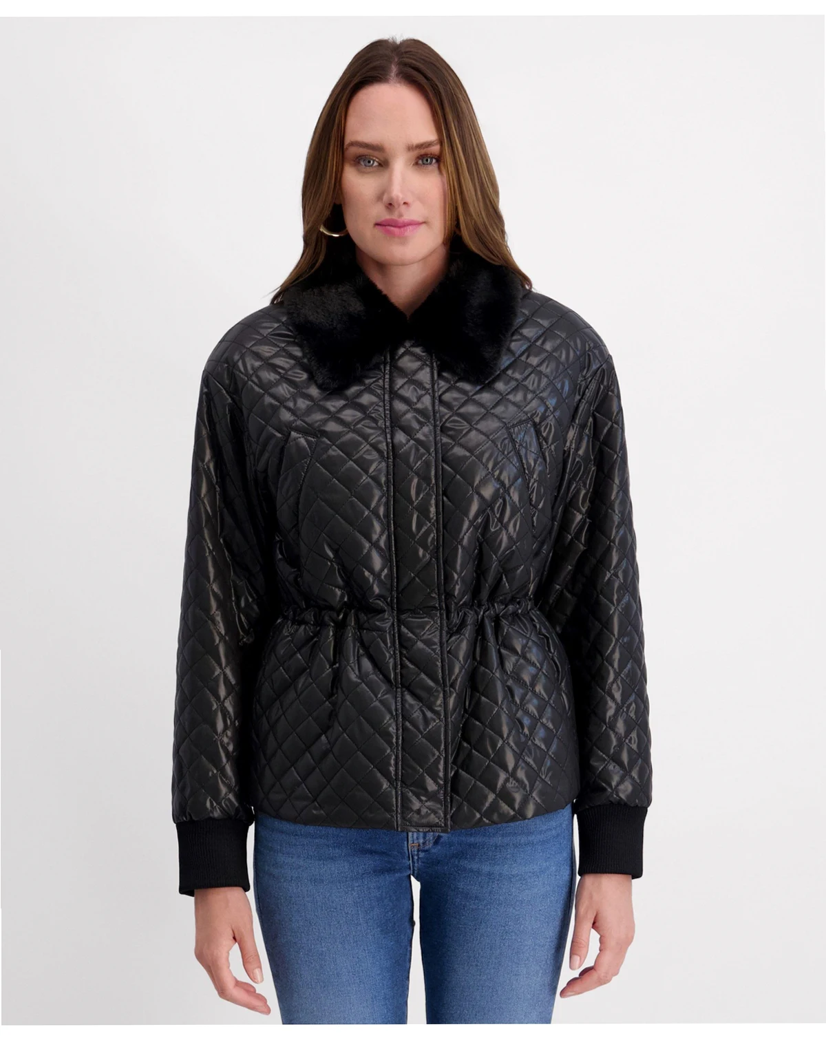 Women's Cinched Waist Quilted Jacket with Faux Fur Collar