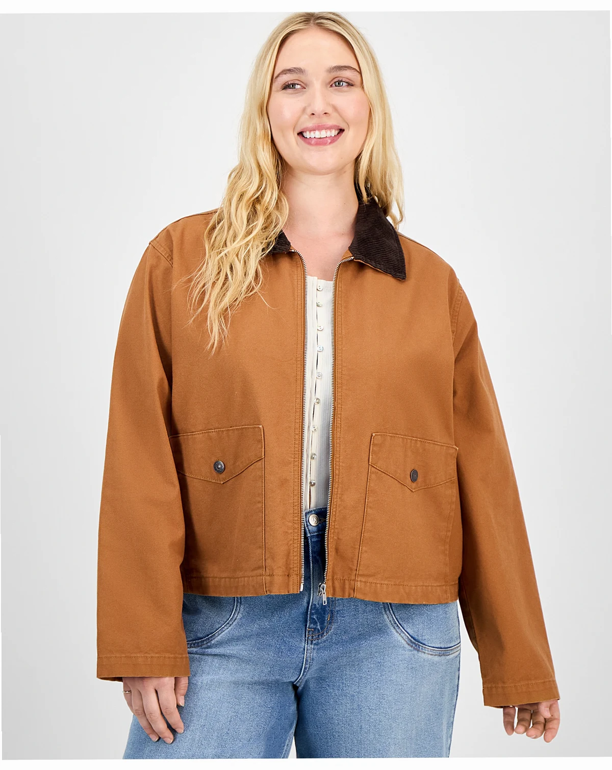 Trendy Plus Cotton Front-Zip Barn Jacket