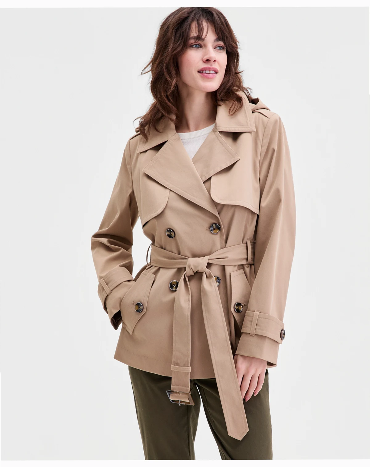 Petite Short Double-Breasted Belted Trench Coat