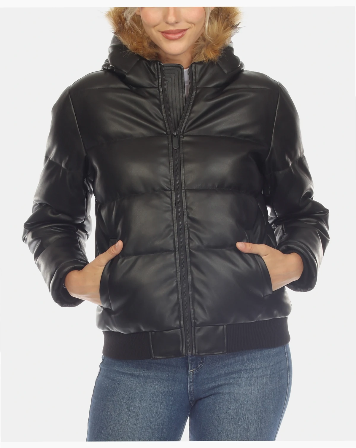 Women's Removable Furry Hoodie Bomber Leather Jacket