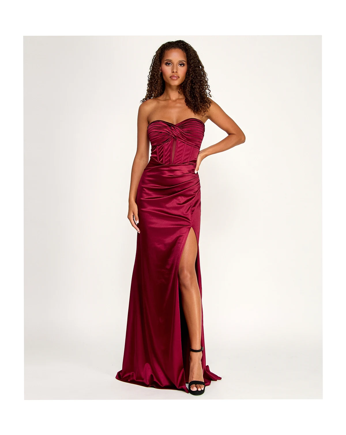 Juniors' Satin Strapless Crisscross Corset Gown with Slit