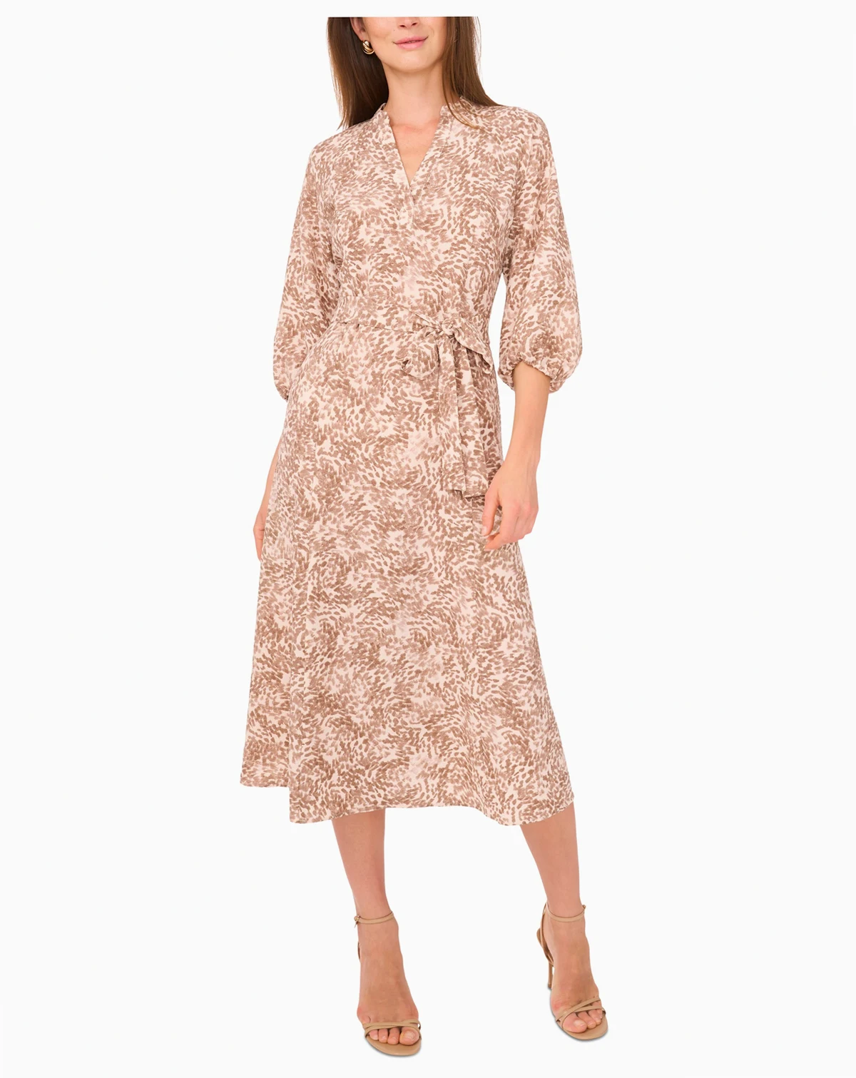 Women's Printed Split-Neck Belted Midi Dress