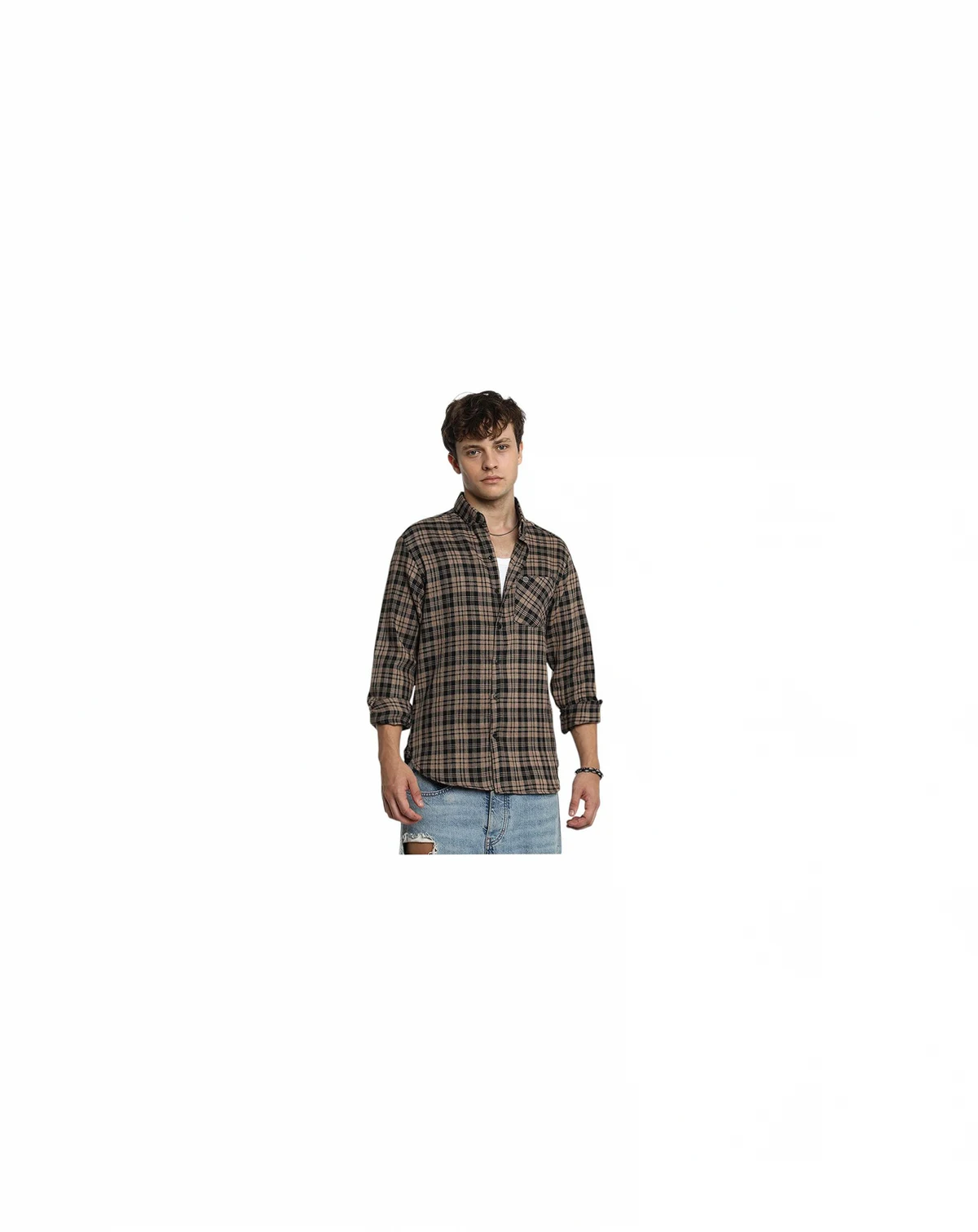 Men's Tan Brown & Charcoal Black Tartan Plaid Shirt