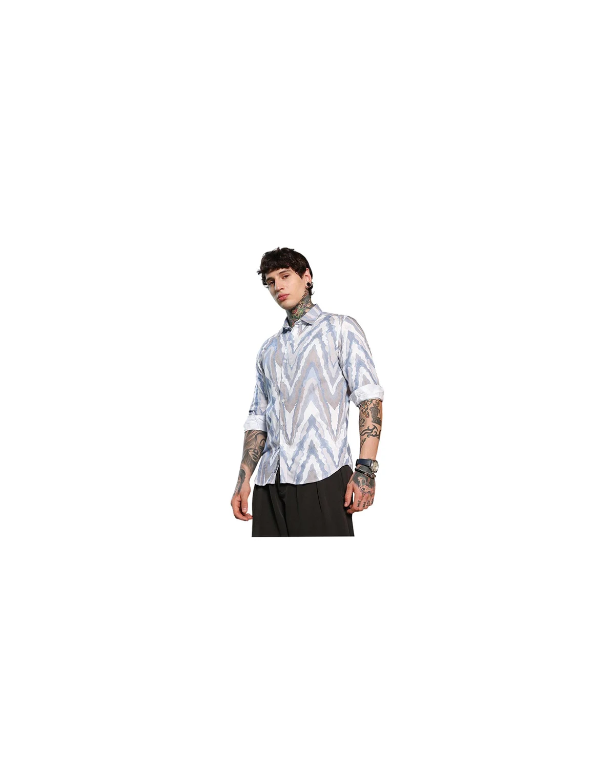 Men's Icy Blue:Cream White Pastel-Geometric Jacquard Shirt