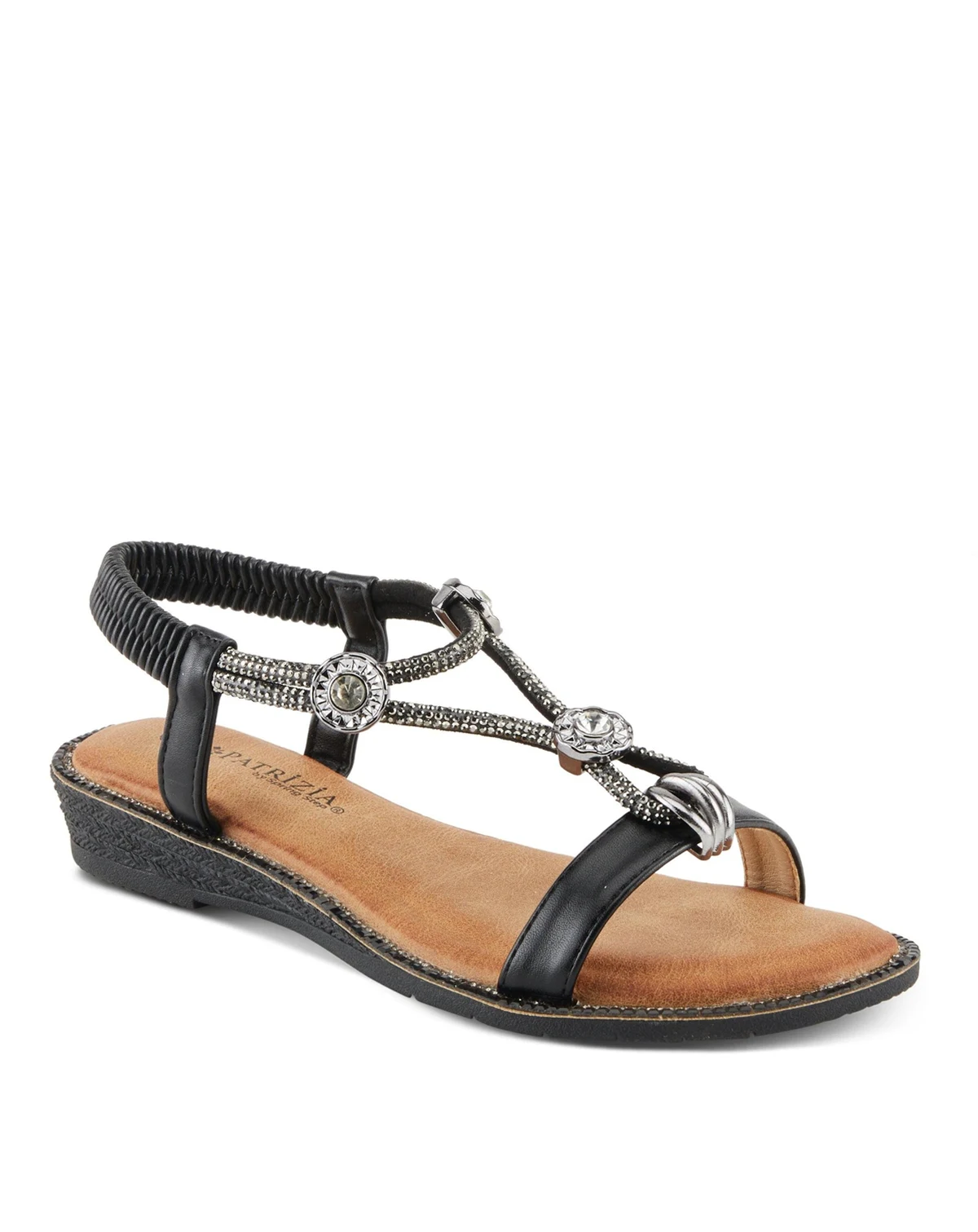 Women's CHARMER Crystal Jeweled T-Strap Flat Sandals with Stretch Back