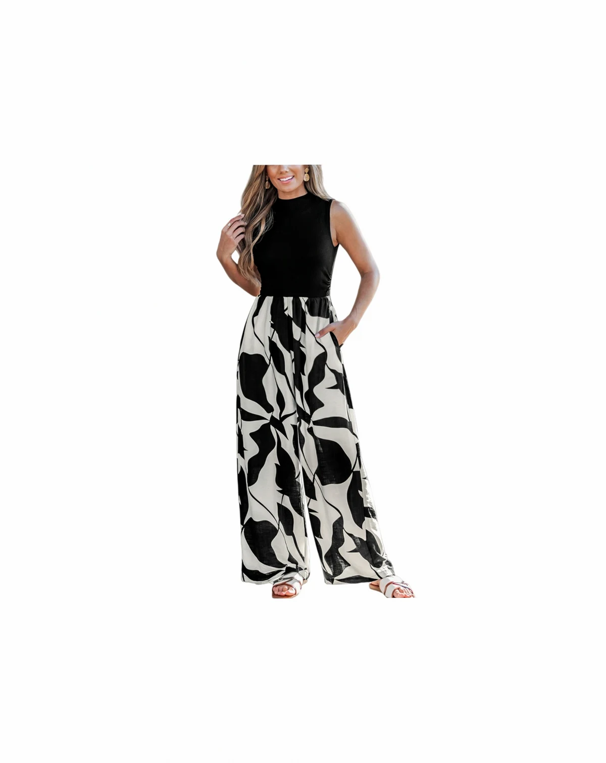Women's Chic Monochrome Abstract Print Jumpsuit