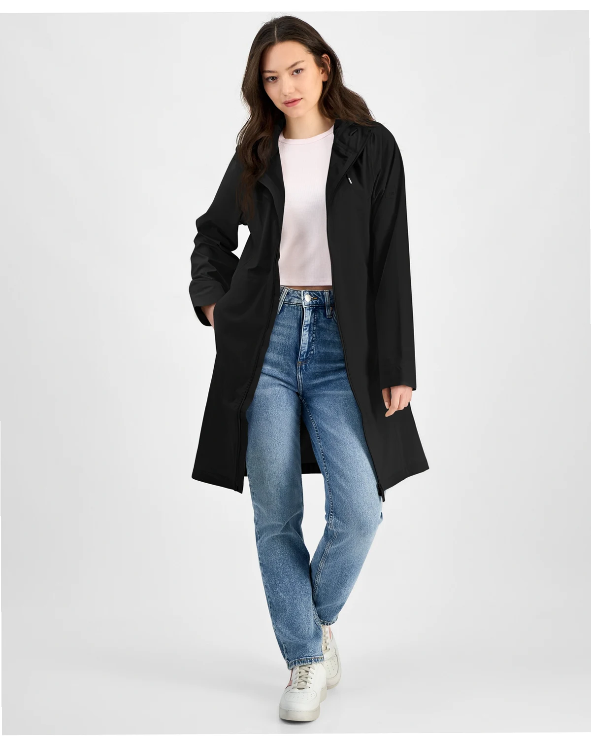 Women's Long Zip-Front Hooded Rain Coat