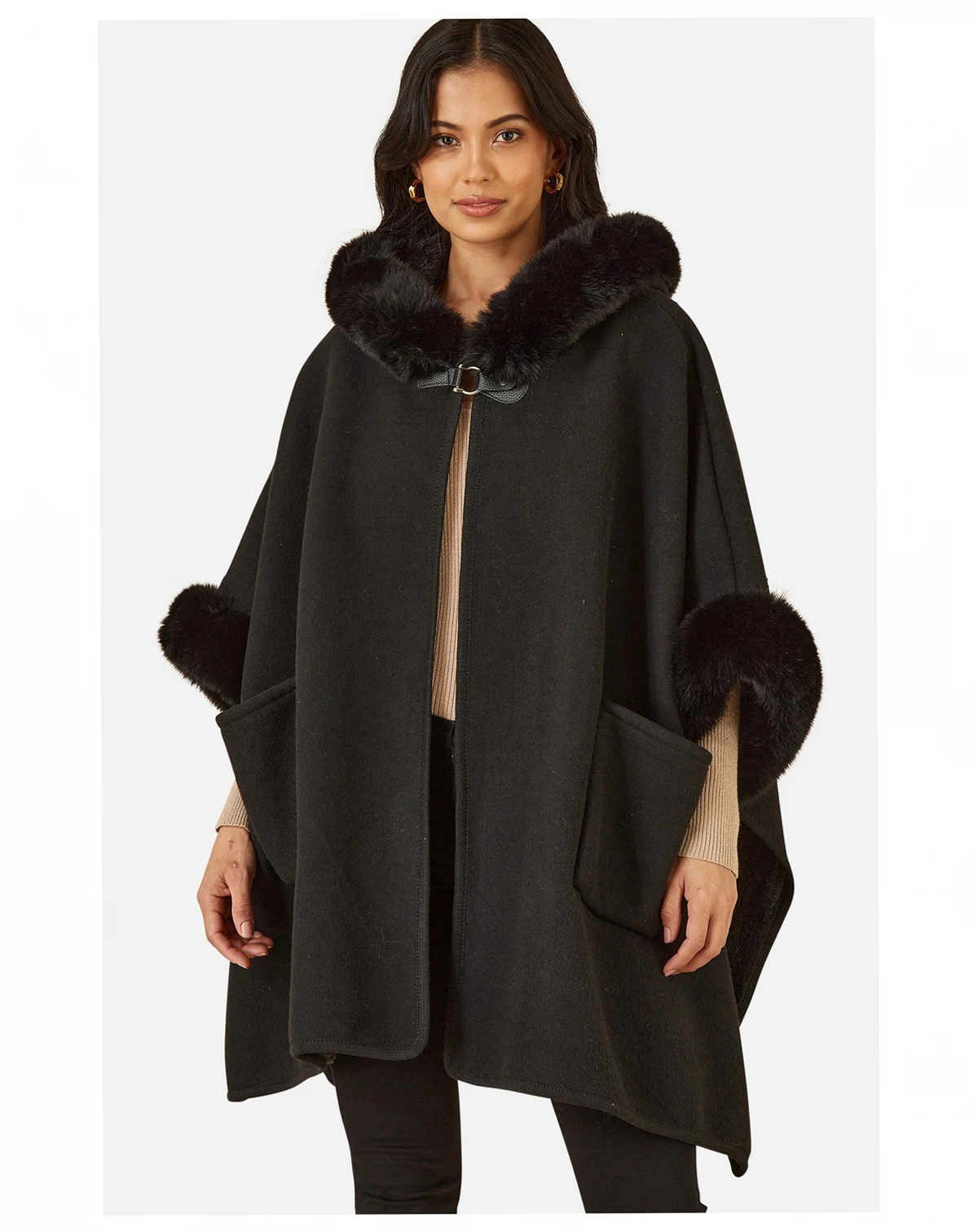 Women's Hooded Fur Cape Jacket