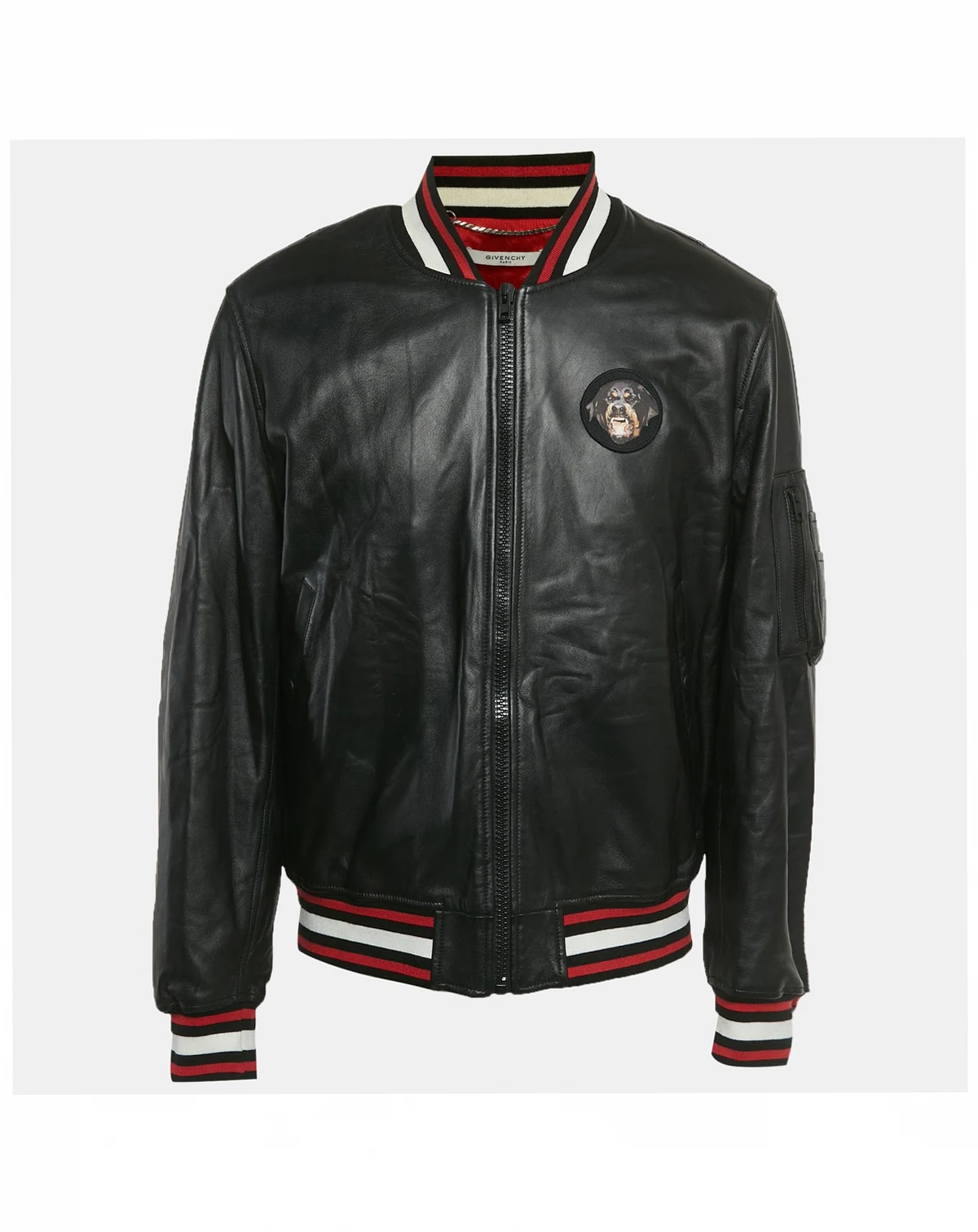 Men's Black Leather Rottweiler Patch Bomber Jacket
