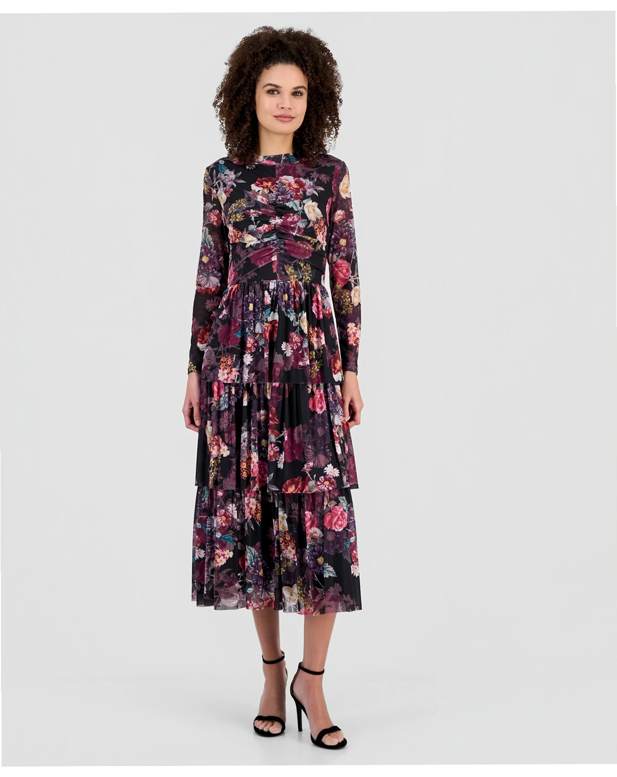 Women's Floral Mock Neck Tiered Midi Dress