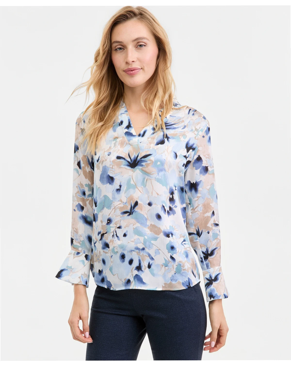 Women's Printed V-Neck Split-Cuff Blouse