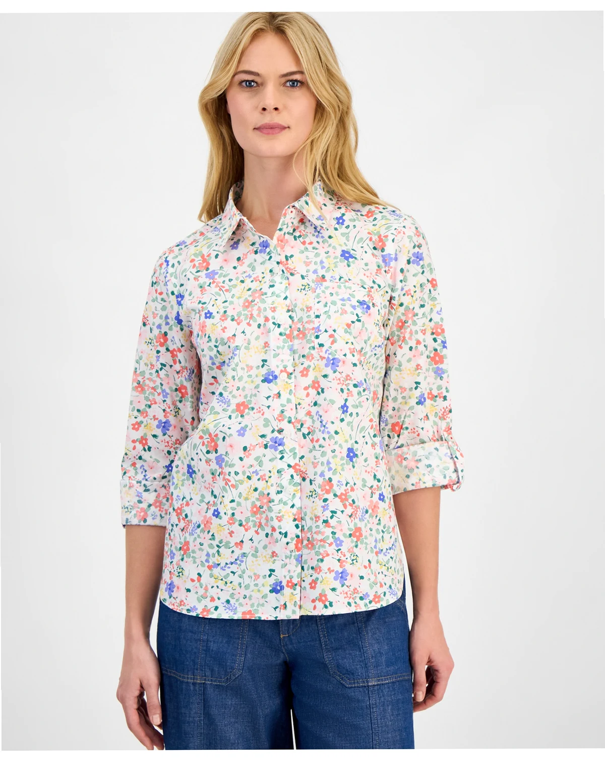 Nautica Women's Patterned Roll-Tab Shirt