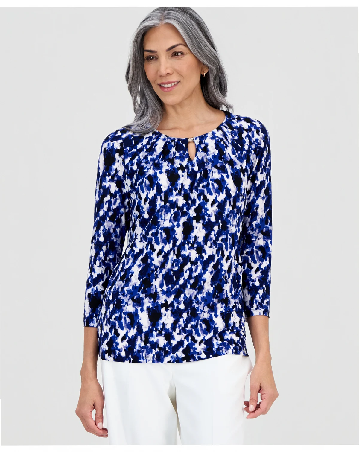 Women's Printed Pleat-Neck 3/4-Sleeve Top