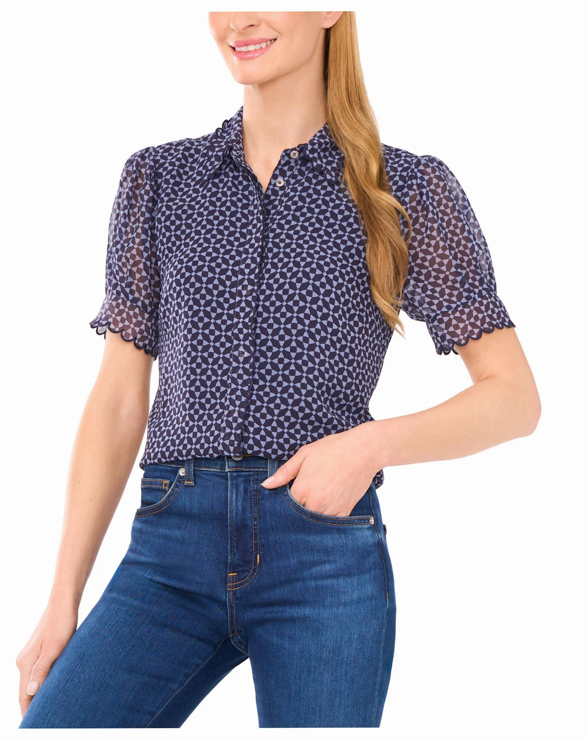 Women's Scallop-Edge Geo-Print Blouse