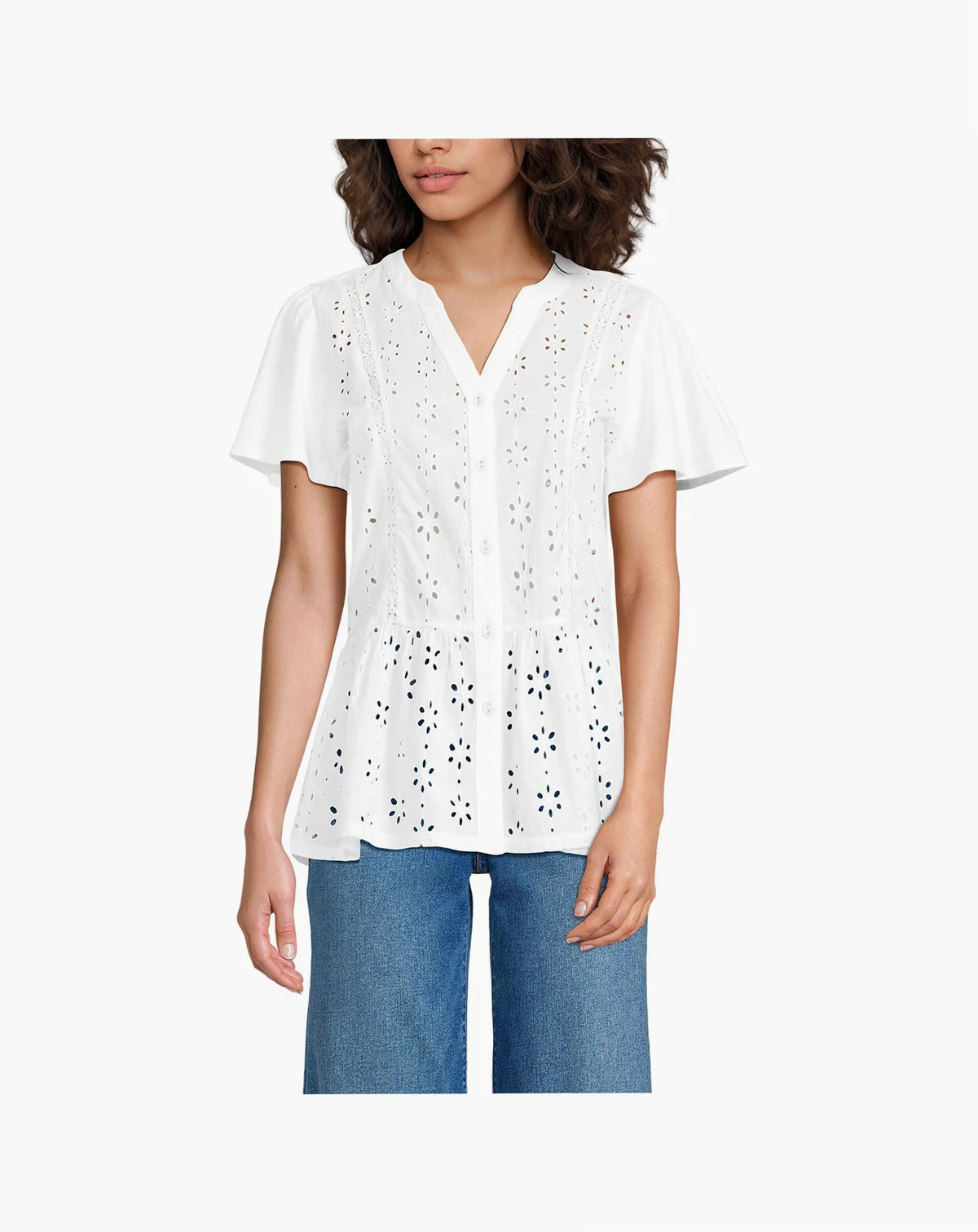 Women's Short Sleeve Mixed Media Eyelet Top