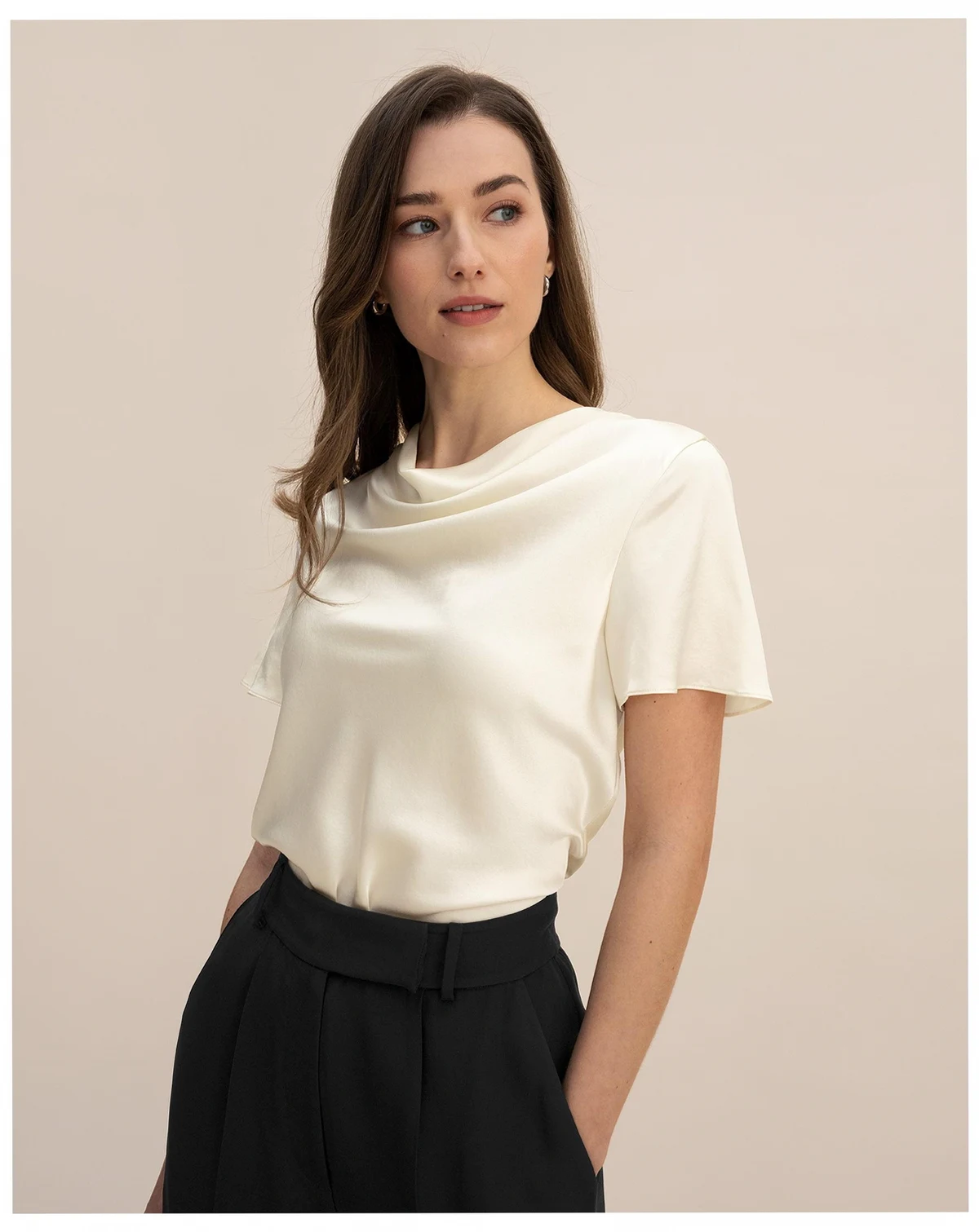 Women's Cowl Neck Short Sleeves Silk T-Shirt