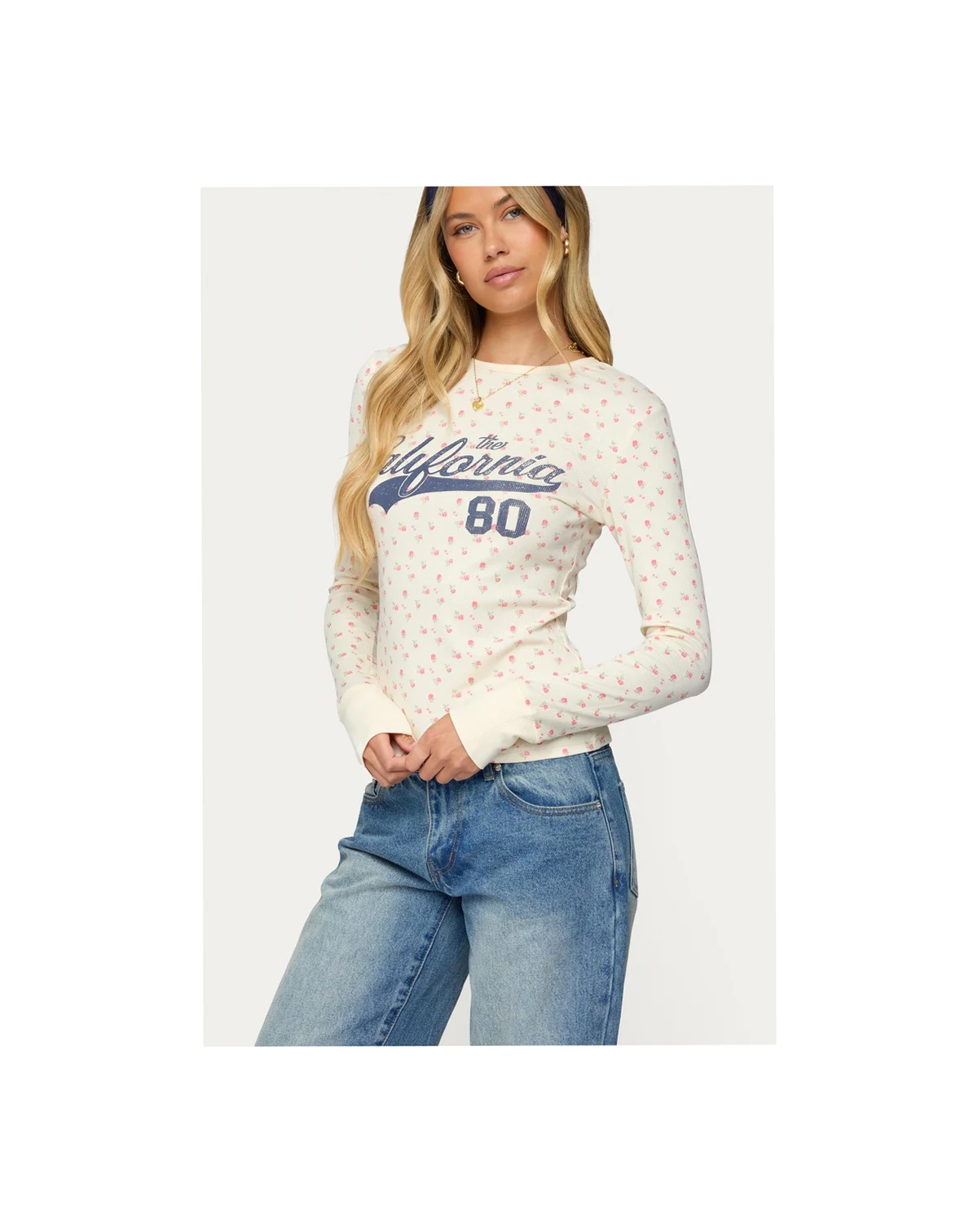 Womens Cali Floral Ribbed Long Sleeve T Shirt