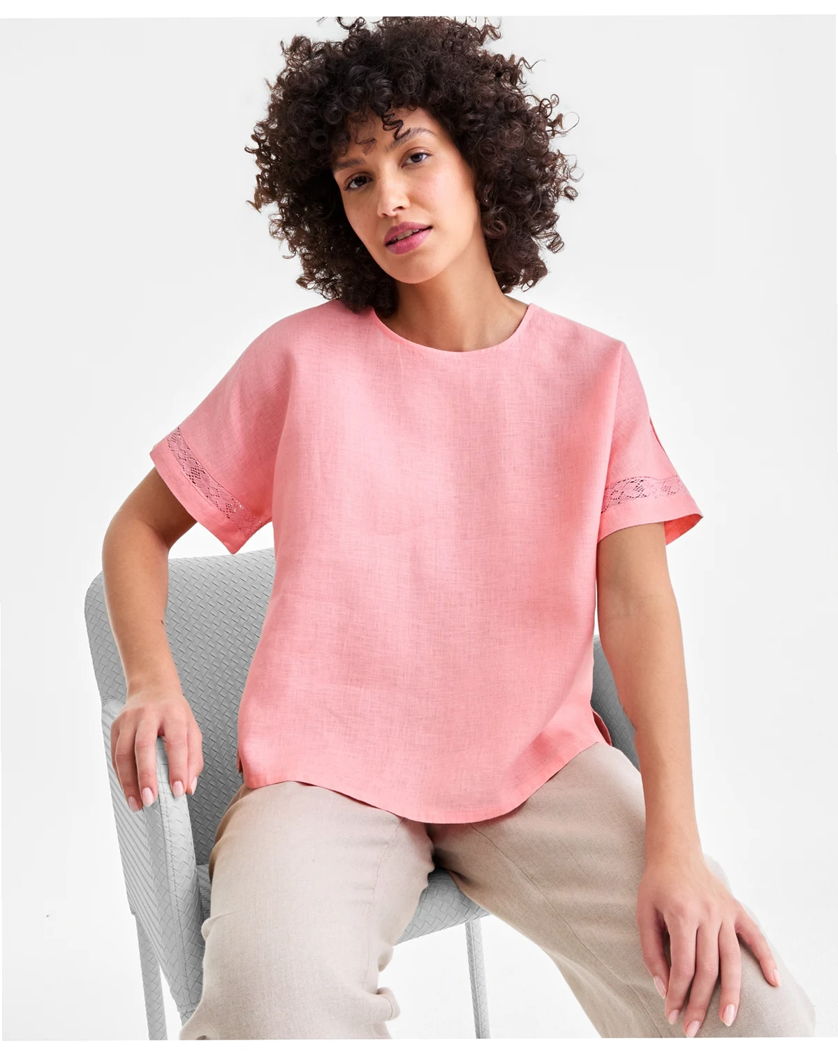 Women's 100% Linen Eyelet-Trim Short-Sleeve Top, Macy's Exclusive