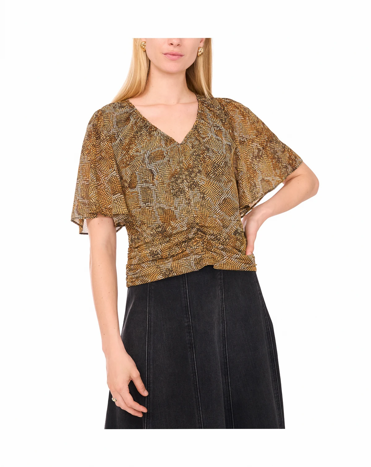 Women's Flutter Center Front V-Neck Shirring Shirt
