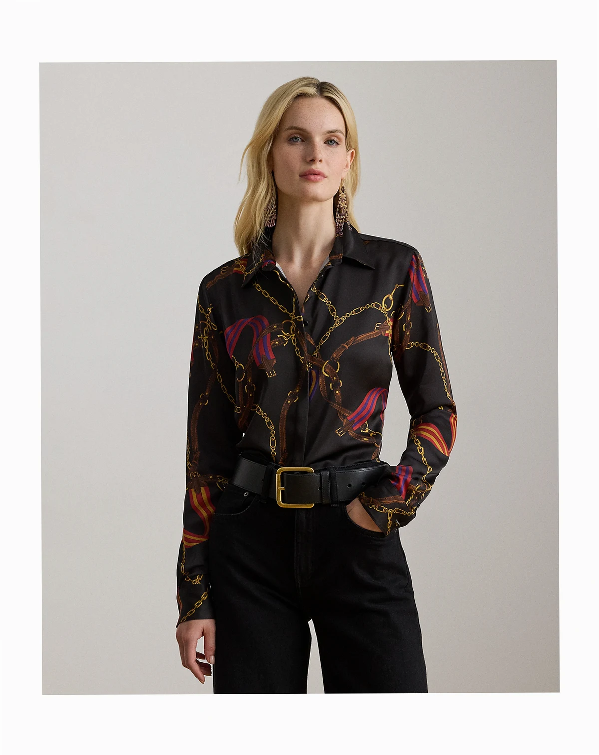 Women's Classic Fit Belting-Print Satin Shirt