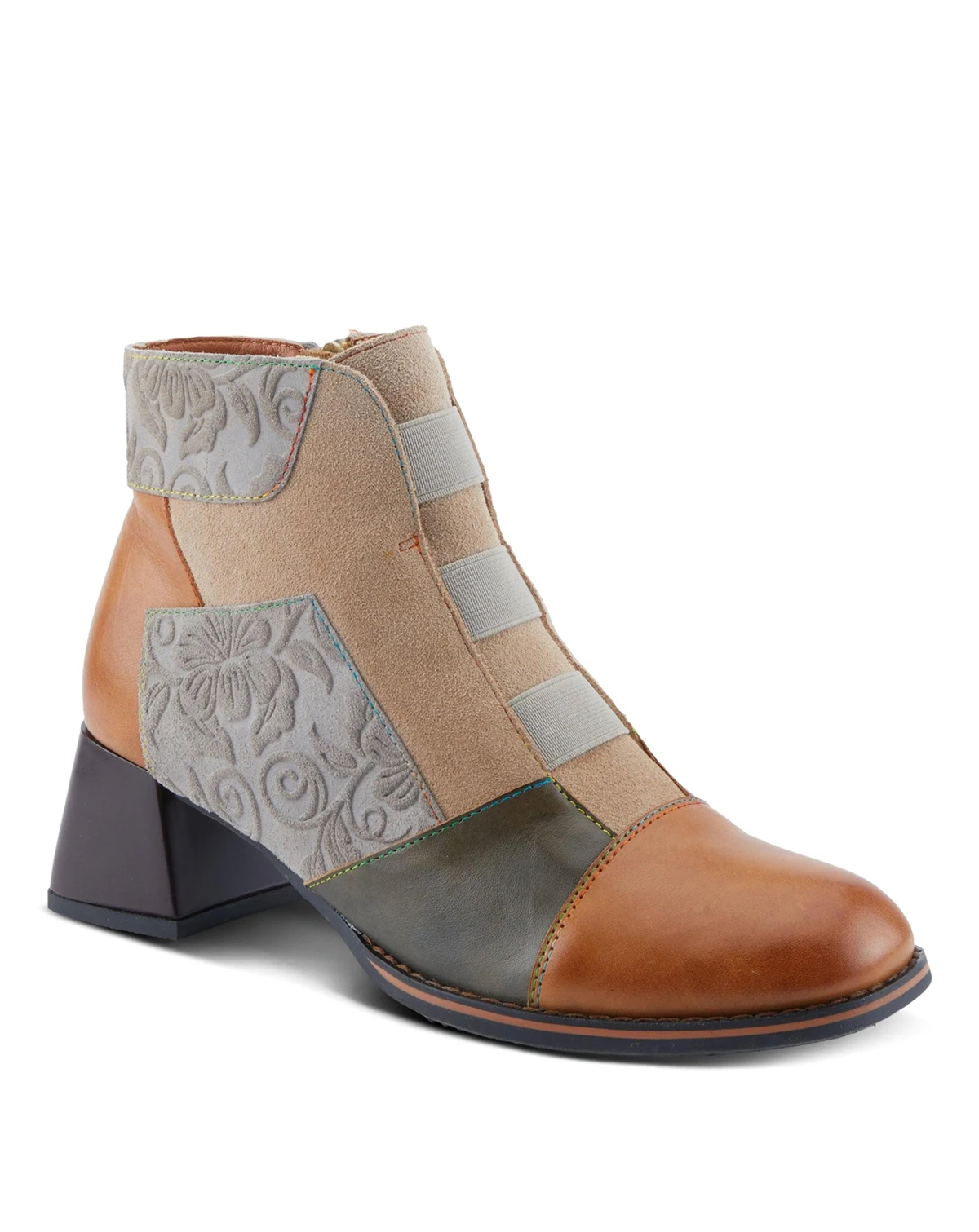 L’Artiste Women’s COPINE Multicolor Embossed Leather & Suede Booties with Velvet Lining and Chunky Heel
