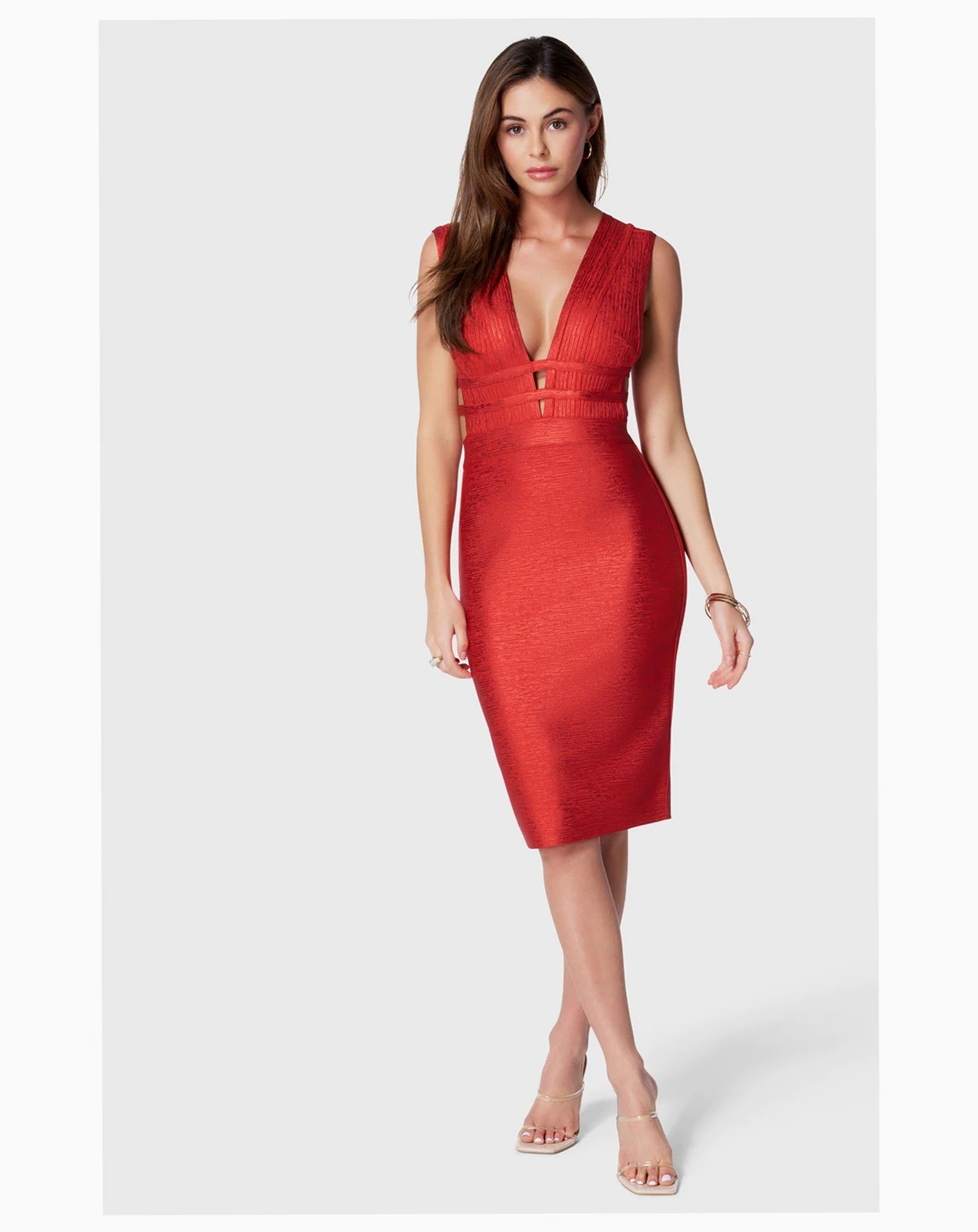 Women's Foiled Bandage Plunge Neck Midi Dress