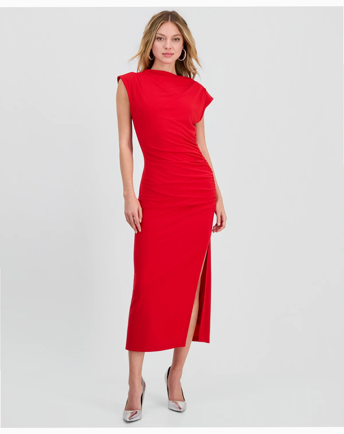 Women's Ruched Side-Slit Midi Dress