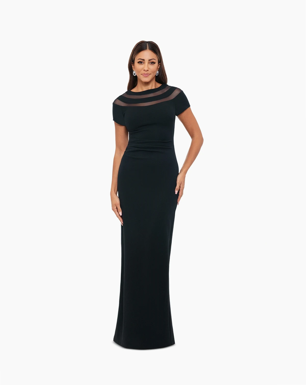 Women's Illusion-Neck Ruched-Back Scuba Crepe Gown