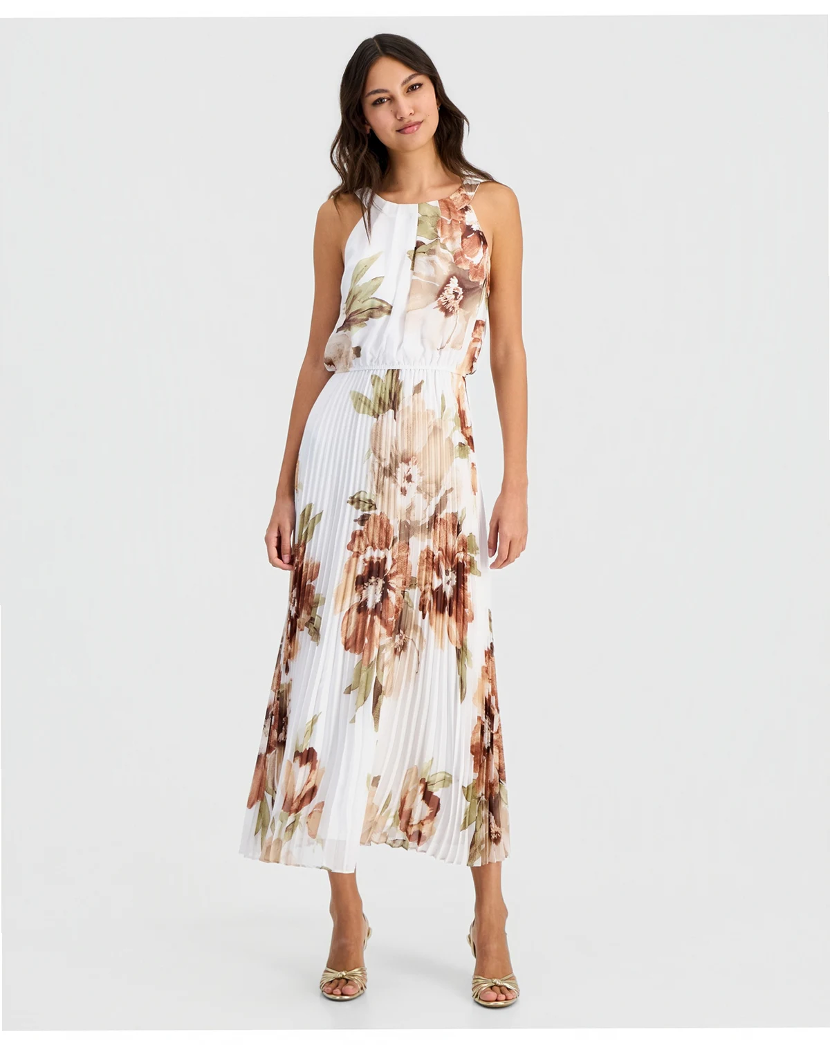 Women's Pleated Floral Print Maxi Dress