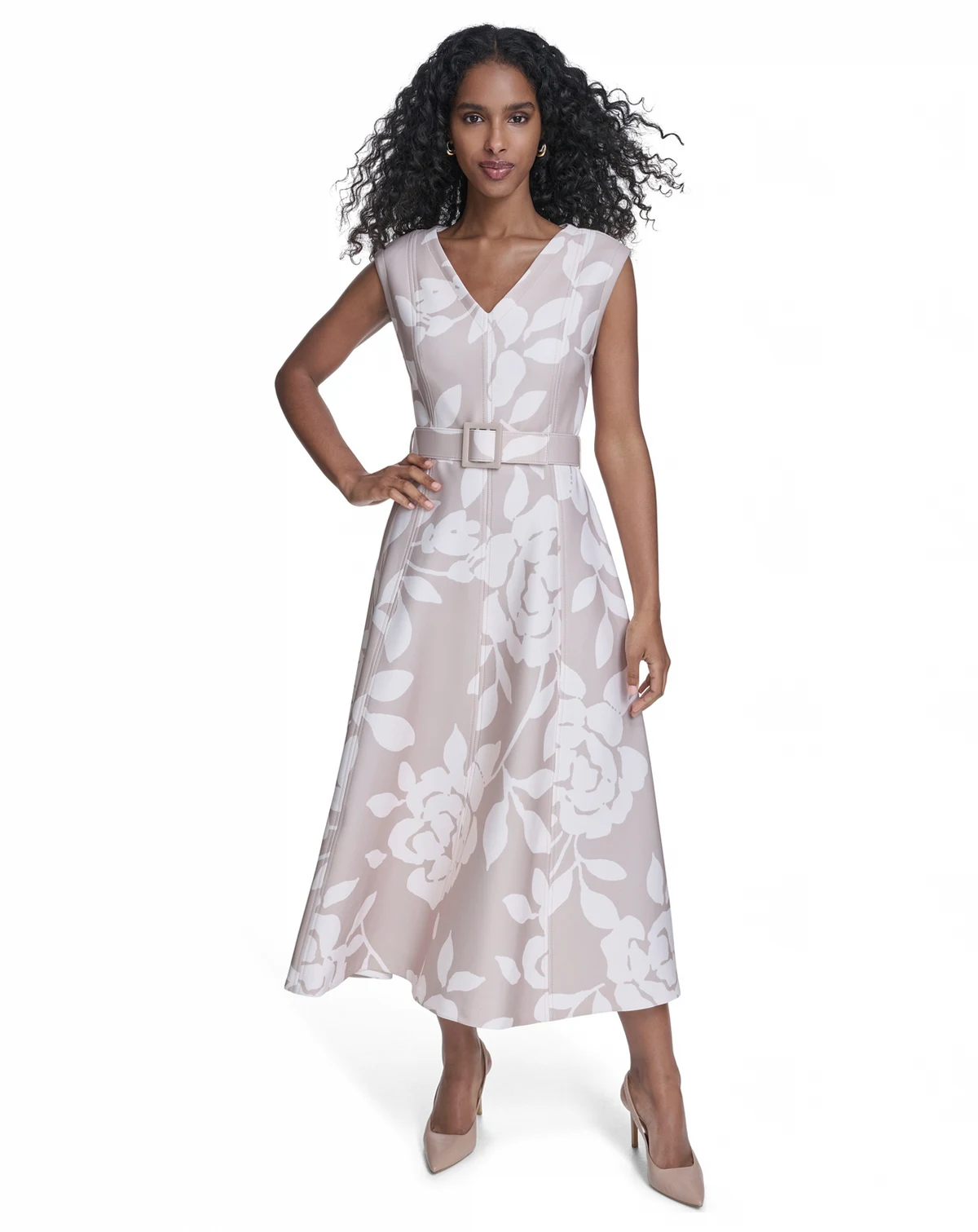 Women's Scuba Belted V-Neck Midi Dress