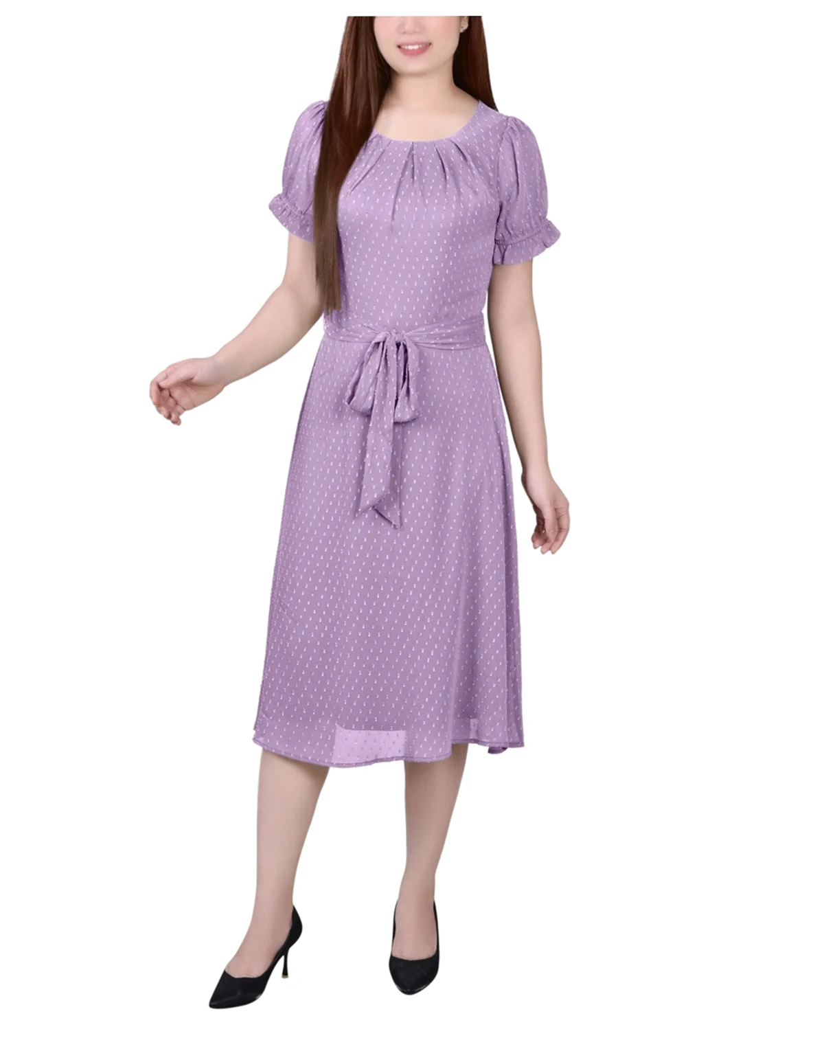Women's Short Sleeve Belted Swiss Dot Dress