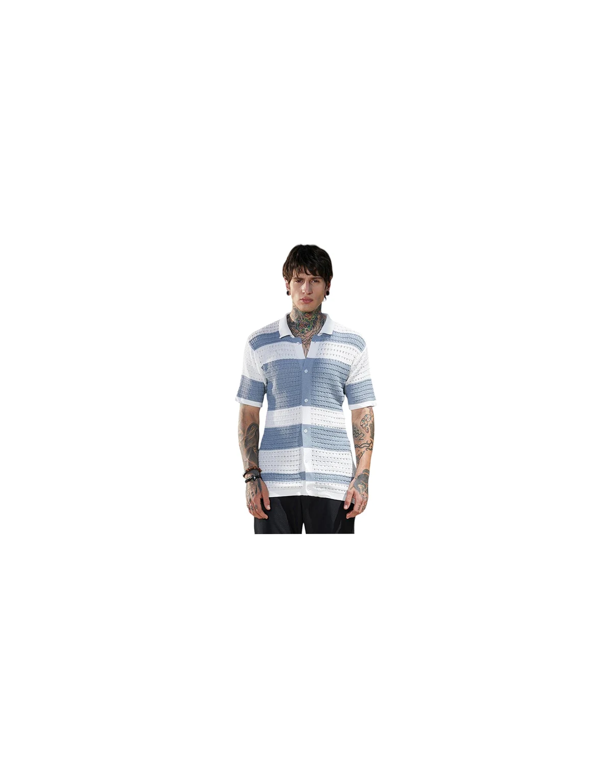 Men's Icy Blue & Daisy White Panel-Knit Relaxed Shirt