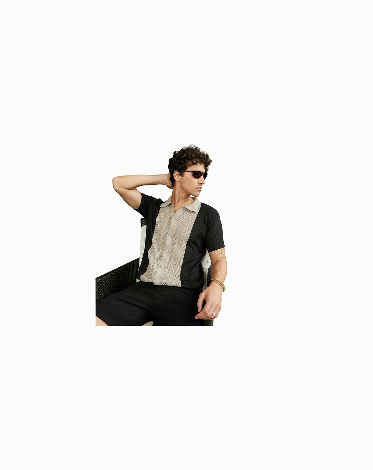 Men's Sand Beige & Onyx Black Block-Knit Slim-Fit Shirt