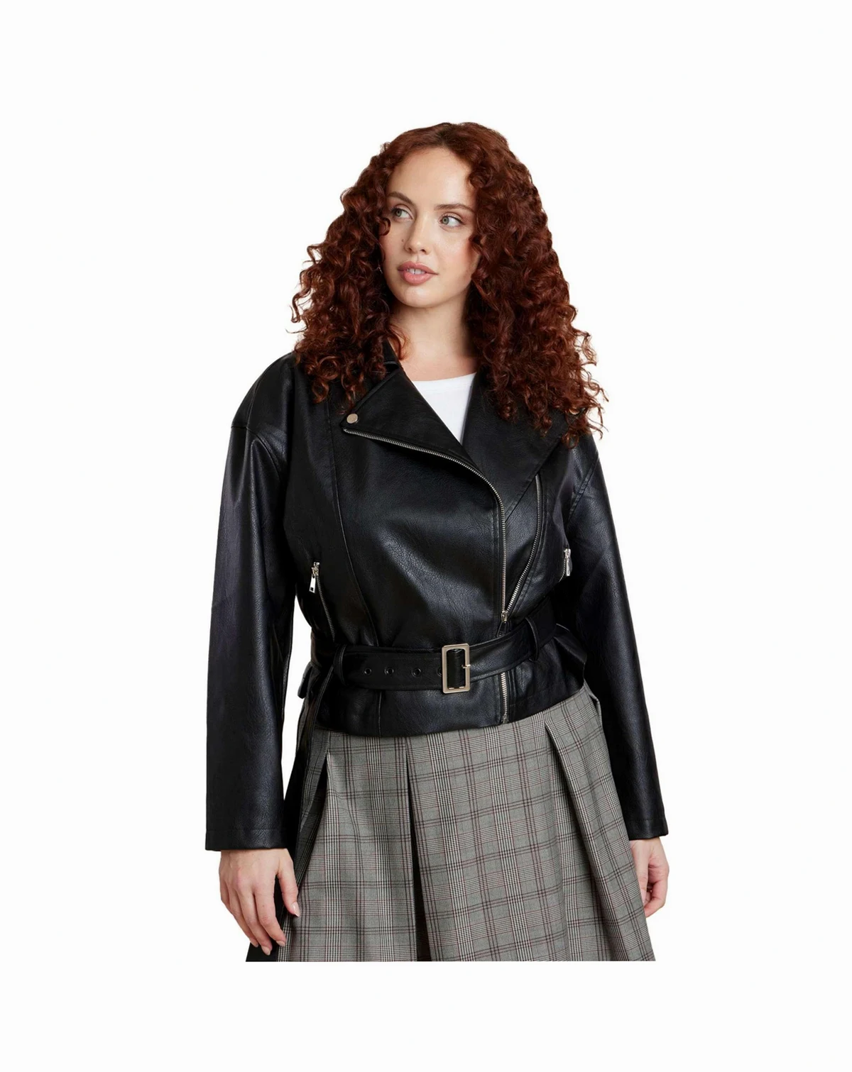 Women's Plus Size Belted Faux Leather Moto Jacket