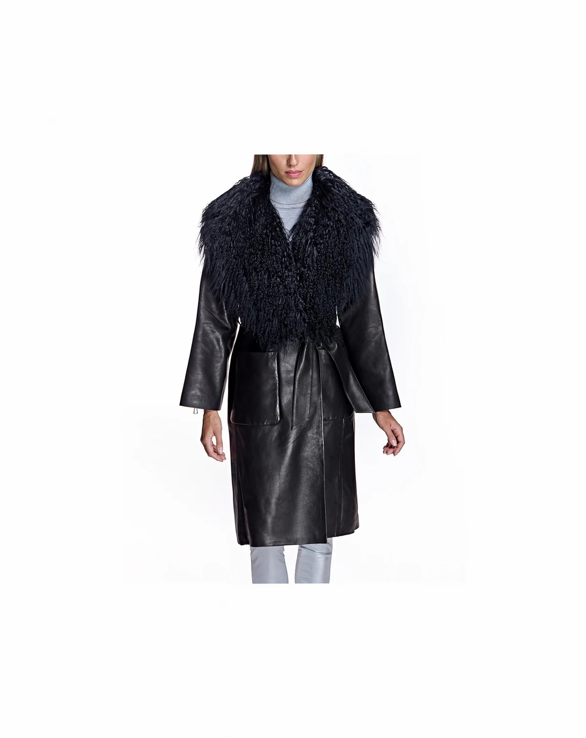 Women's Leather Coat with Shearling Trim