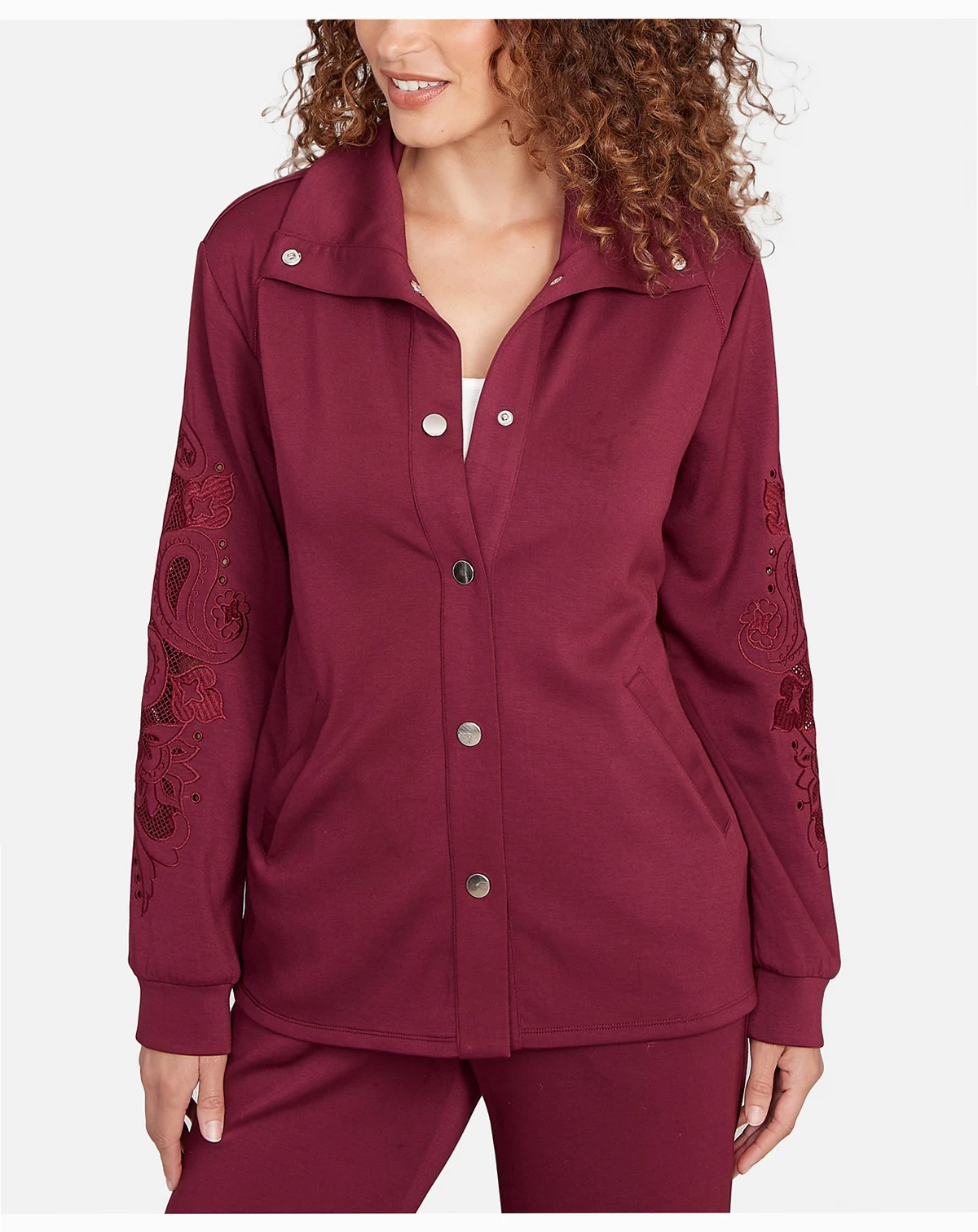 Petite Embroidered Floral Cutout Snap Jacket