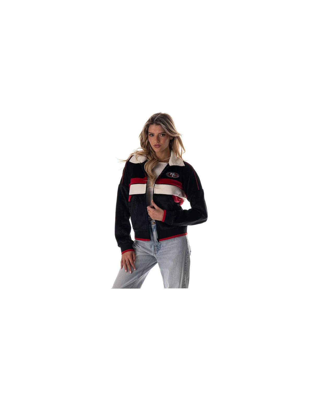 Women's Black San Francisco 49ers Cropped Corduroy Full-Zip Bomber Jacket