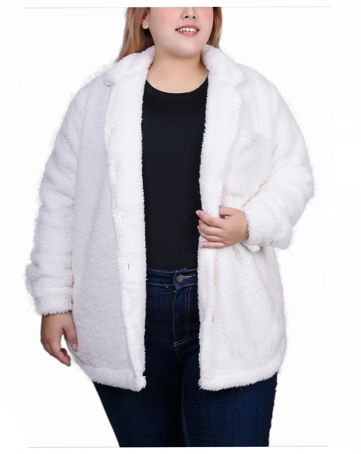Plus Size Long Sleeve Button Front Sherpa Jacket