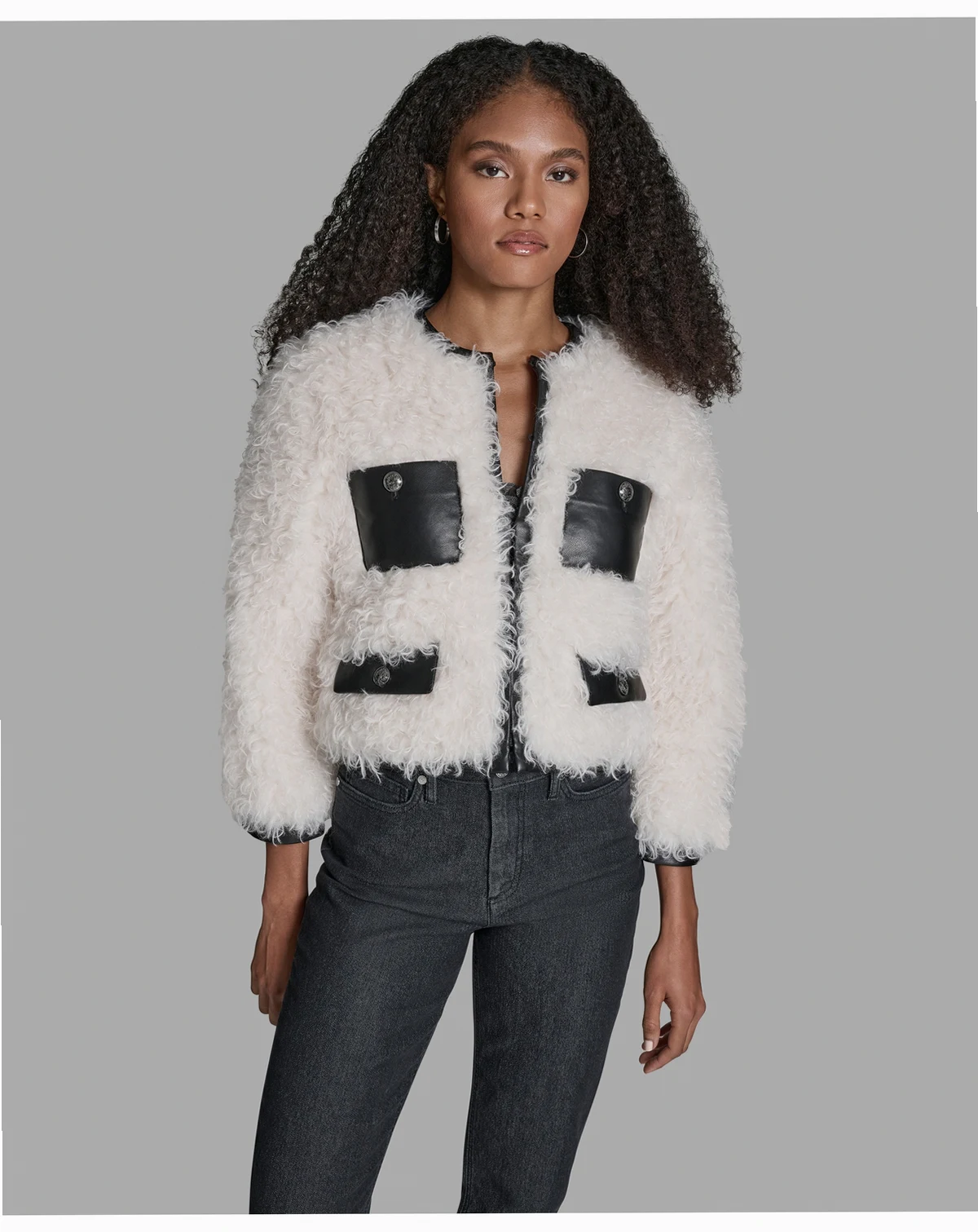 Women's Cropped Curly Shearling 3/4-Sleeve Jacket