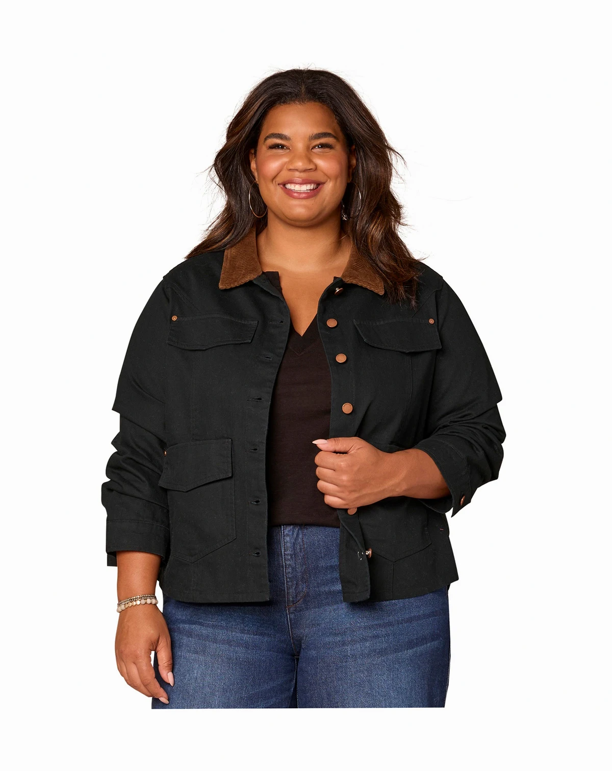 Plus Size 3/4-Ruched Sleeve Button Front Jacket