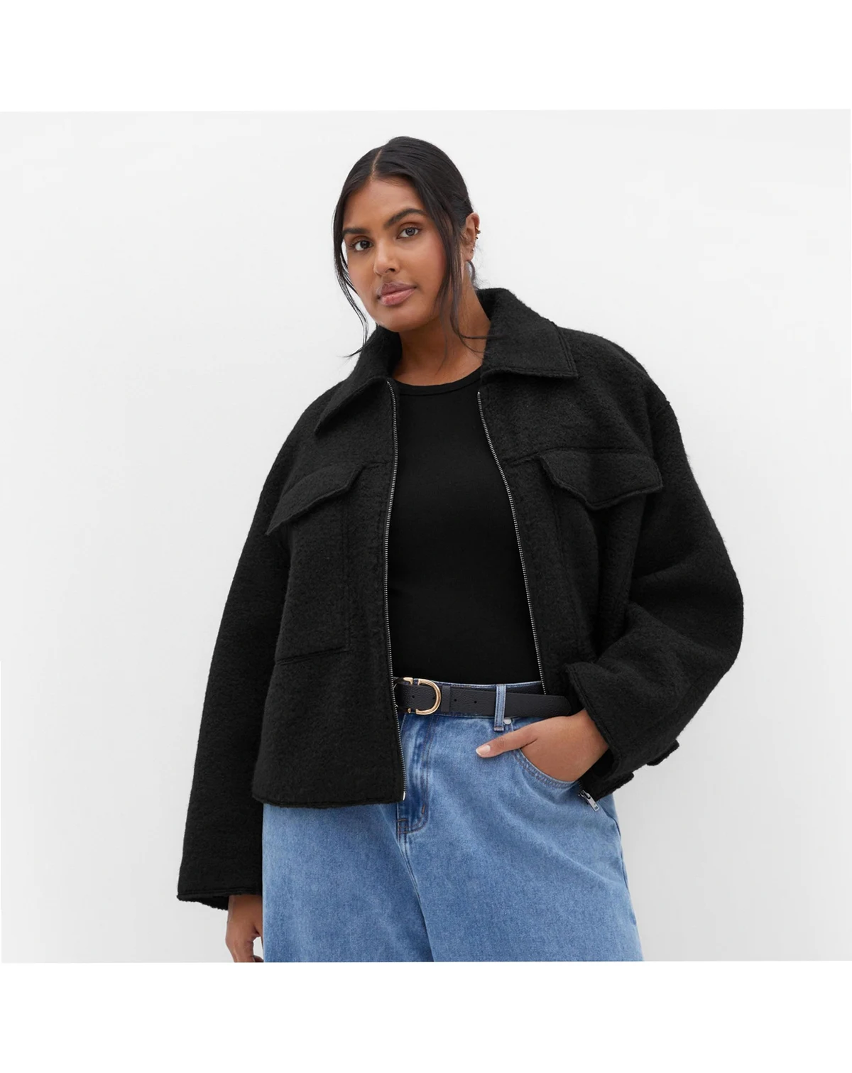 Plus Size Boucle Zip Front Jacket