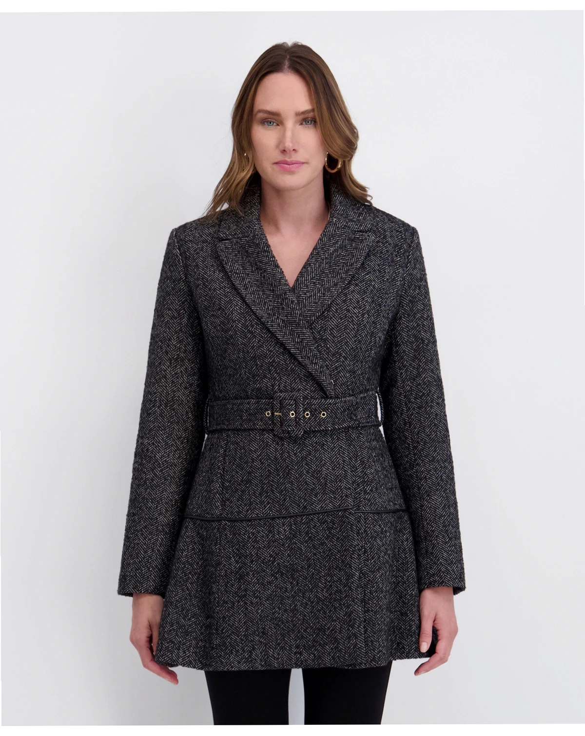 Women's Belted Herringbone Tweed Skirted Wool Jacket