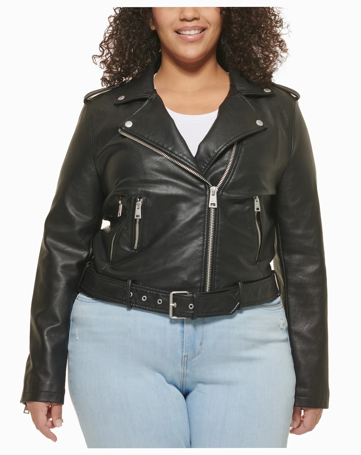 Plus Size Faux Leather Belted Motorcycle Jacket