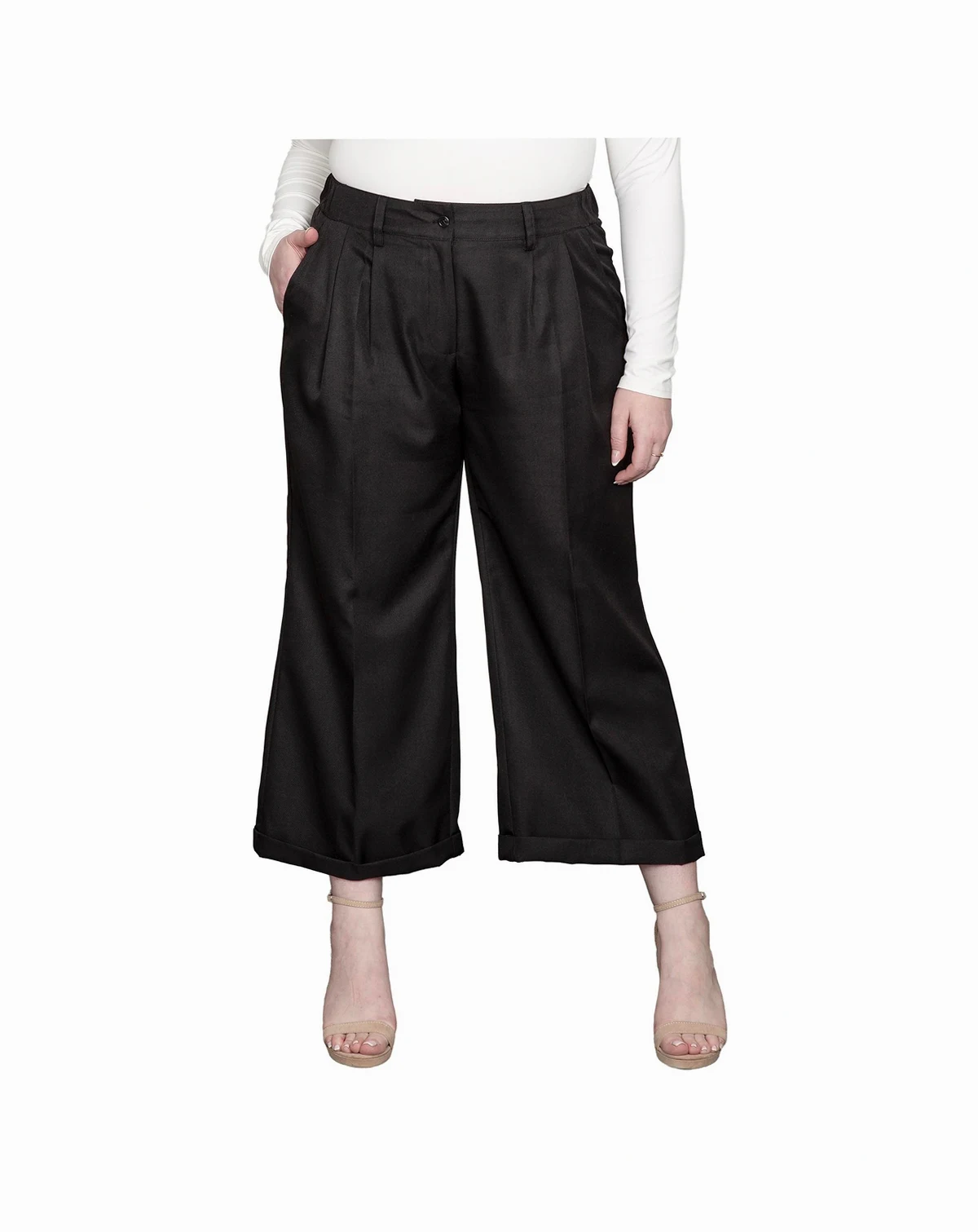 Plus Size Pleated Front Cropped Wide Leg Pants