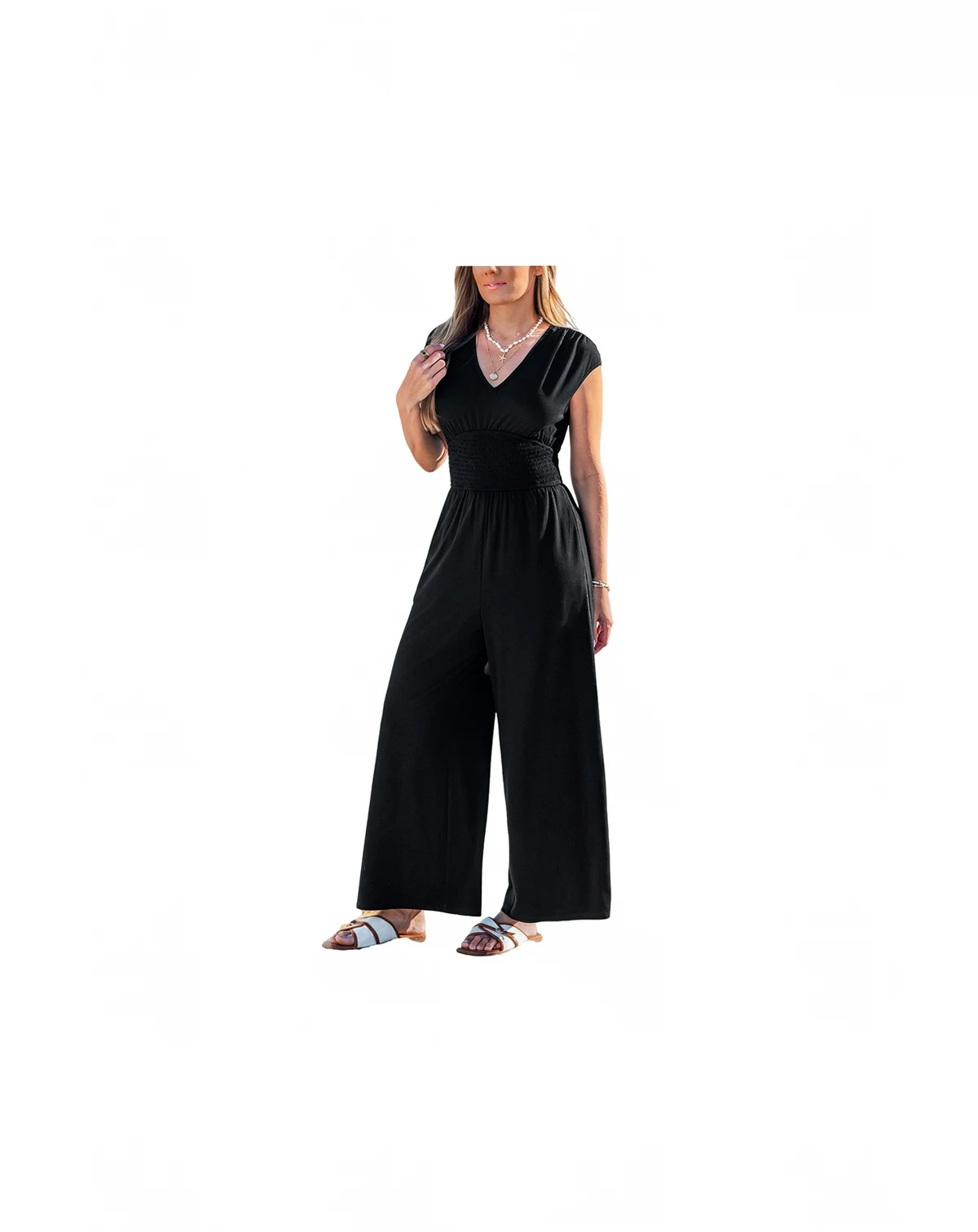 Women's V-Neck Smocked Waist Wide-Leg Jumpsuit