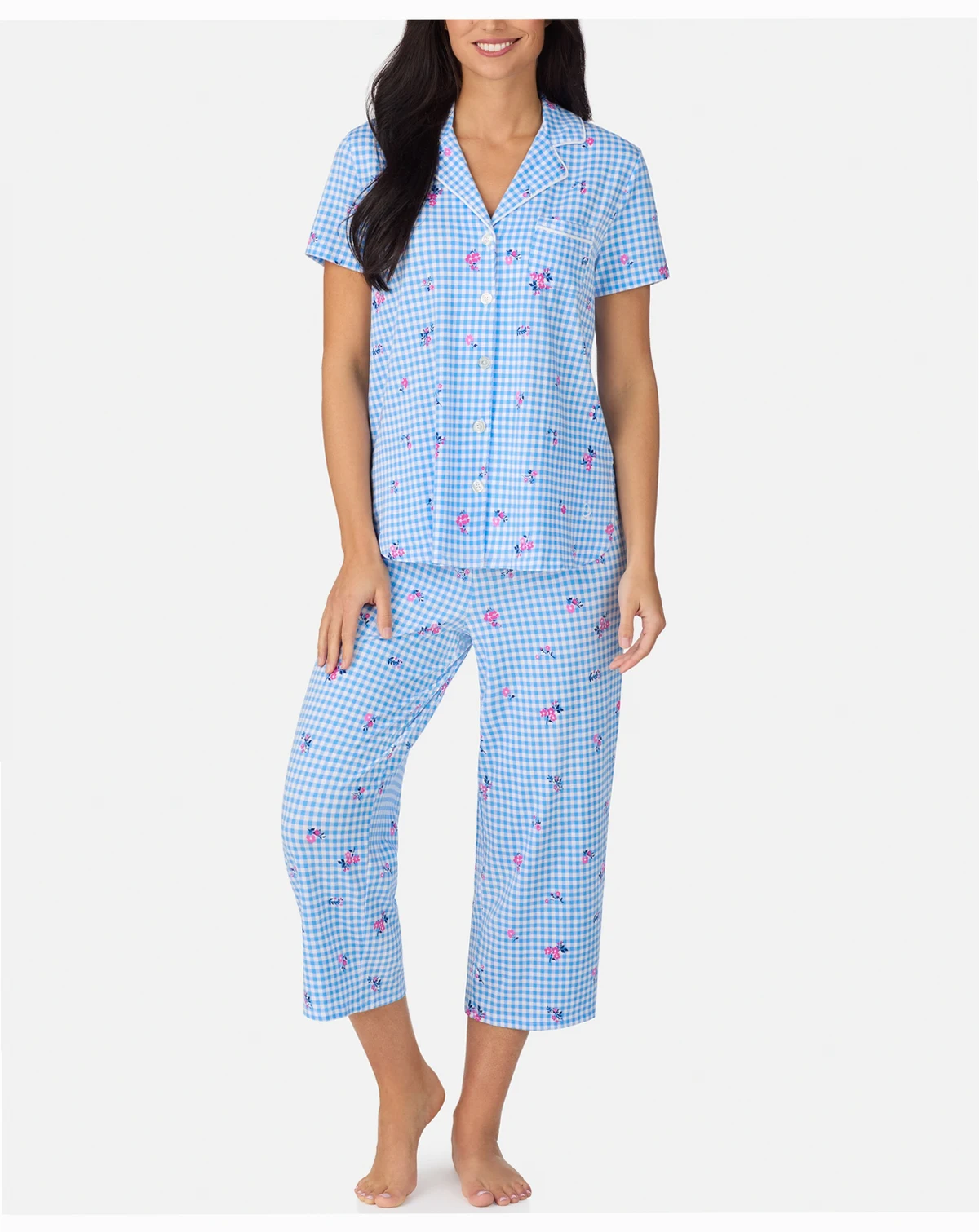 Women's Cropped Notch Collar Pajama Top and Pants, 2-Piece Set