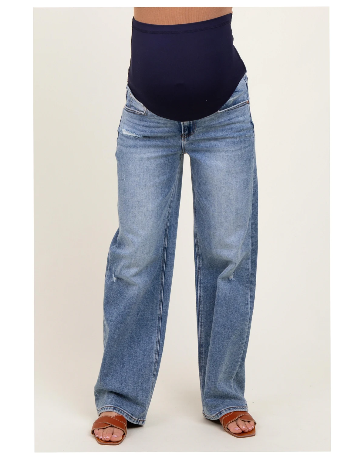 Maternity Blue Distressed Vintage Wash Wide Leg Jeans