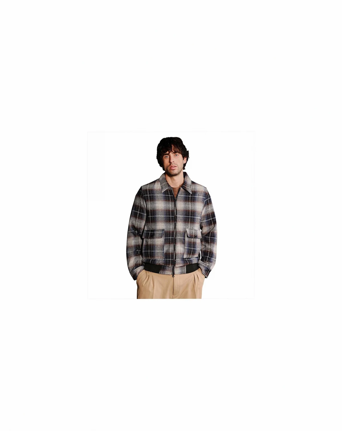 Men's Navy Blue Zip-Front Plaid Jacket